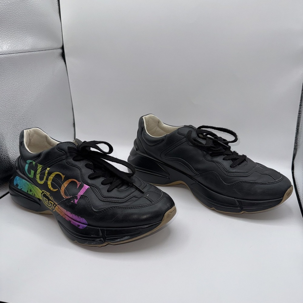 Gucci Men's 11 Black Rhyton Iridescent Rainbow Logo Apollo Nero Sneaker Shoes - Picture 3 of 13